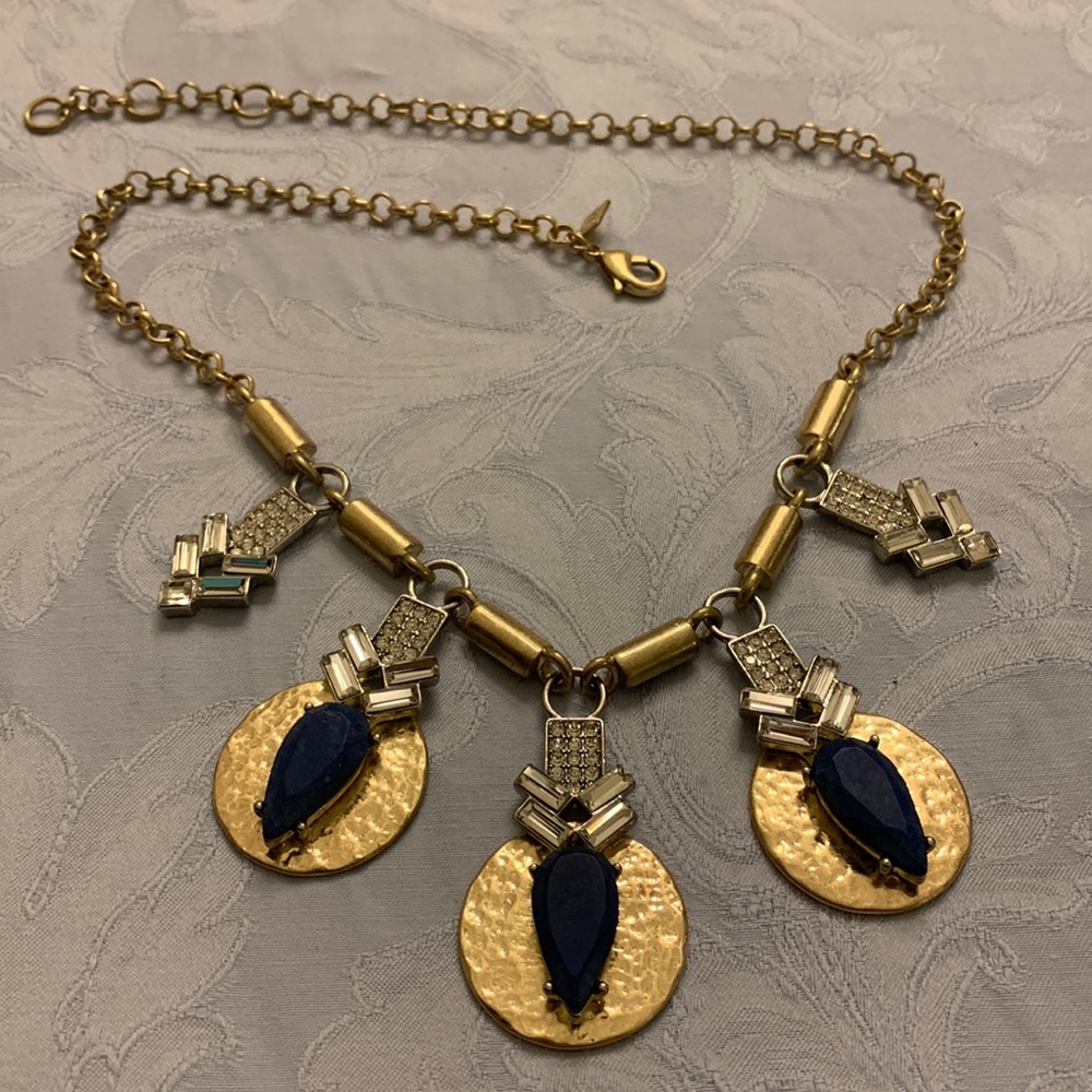 Banana Republic Gold Tone Crystal & Blue Disc Statement Necklace